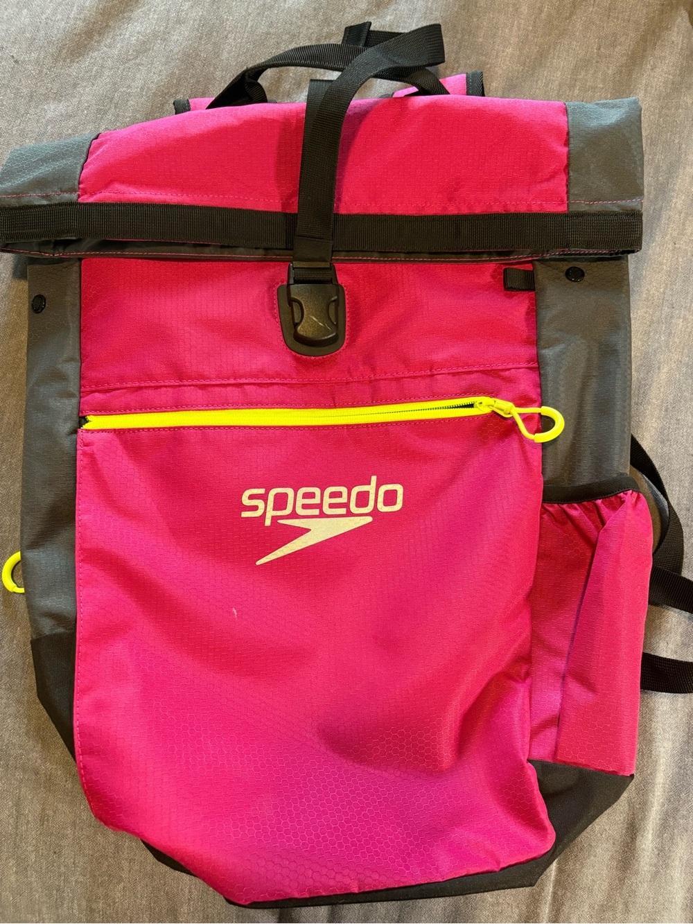 Speedo Pink and Gray Roll-Top Backpack with Neon Yellow Accents